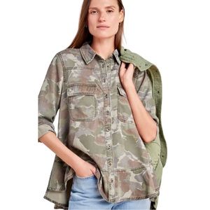 Anthropologie NEW Montana Camo Print Button
Down Flounced Hem Top Size 8